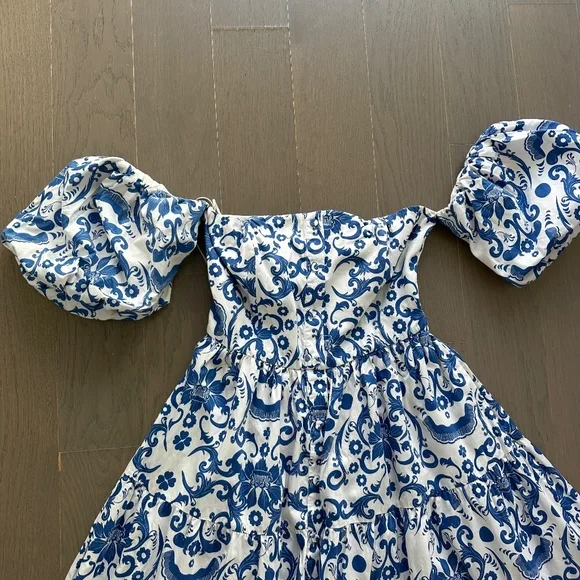 Borgo De Nor Julia Cotton Dress Venezia Blue Off the Shoulder Button UK 12 US 8 - Picture 6 of 11